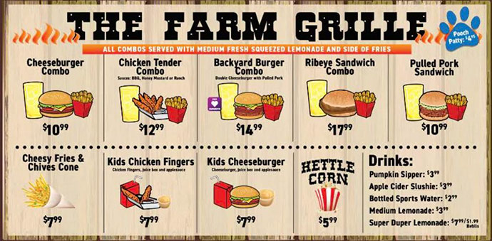 Menu for The Farm Grille at Trunnell's Farm Market - Burgers, nachos, pulled pork, chili, drinks, desserts, and more